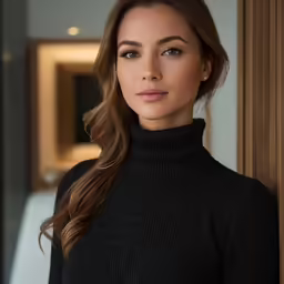 woman standing by wall in business attire and brown hair