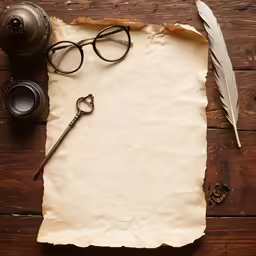 old paper and a quill with a pair of glasses on it