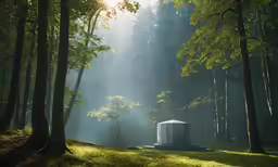 the sun shines through trees in a forest with a small house