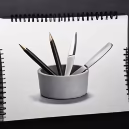 pencils in a cup on the desk next to each other