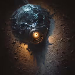an oil lamp is floating on the ground with dark spots
