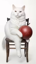 a cat with a ball in its lap is sitting on a chair