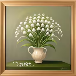 an oil painting of lily of the valley,a white vase full of flowers on a green surface,an impression of a still life painting of lilies in a vase,this is a painting of a vase with white flowers,a painting of flowers sitting in a white vase