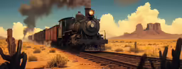 an oil painting of a steam locomotive going through a desert