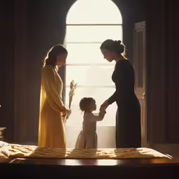 three women and a little girl standing in front of an open window