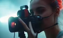 the young woman is holding her camera for pictures