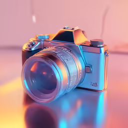 a silver and blue camera sitting on top of a table