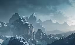 a mountainous mountain range with snow on it and a dark sky