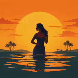 a silhouette of a woman in the water with a sunset,a beautiful woman standing in the water next to a giant sun