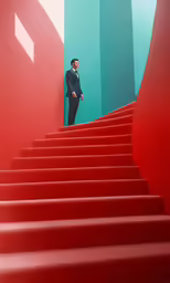 a man in a suit stands on the top of a stairway