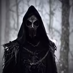 a hooded character from a gothic fairy tale is depicted in a creepy foggy forest