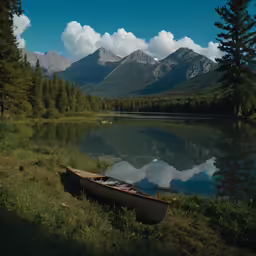 a canoe that is sitting in the grass