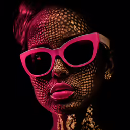 a young woman with pink glasses and shiny hair