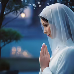 a young girl dressed in white has her hands folded as if praying