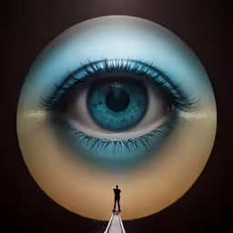 a man stands on top of a platform near an eye