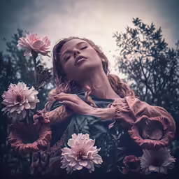 a woman with eyes closed and pink flowers in her hand