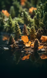 autumn leaf on the shore of a pond with other trees