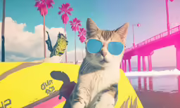 there is a cat wearing some sunglasses on a beach