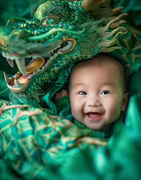 a little boy sitting in front of a green dragon,a baby is smiling in a green cloth