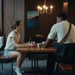 a couple drinking coffee in front of a table