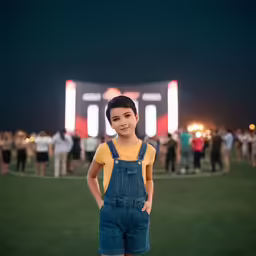 the young child is wearing overalls and smiling