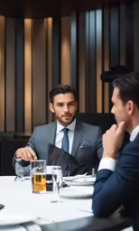 two men in suits and ties sitting at a dining table