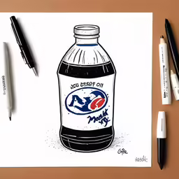 a bottle of soda drawn with markers and ink
