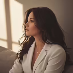 a woman in a white suit sits on a couch