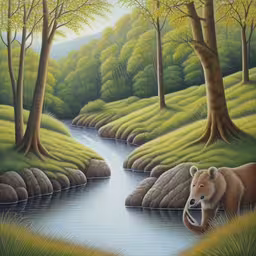 a bear painting a stream and trees on the side,a painting of a river with a bear by it,a brown bear standing next to a stream,a painting of a bear by a stream and trees,an artistic painting of animals walking through a wooded area