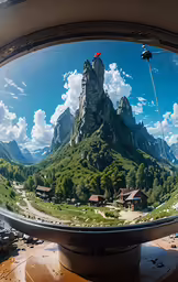 view from the ground of a house and mountain in the reflection