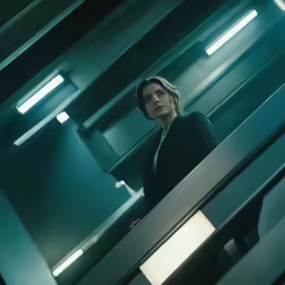 a woman is standing in the elevator and looking ahead