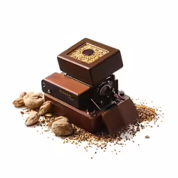 a stack of chocolates and peanuts on a white table