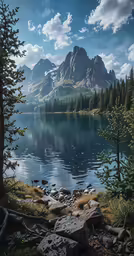 a lake near some trees and mountains