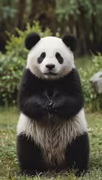 a giant panda standing and holding his arms folded