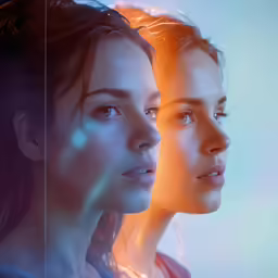 two women from the movie diver pose together in front of an orange background