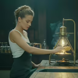 woman lighting a gold lamp on wooden table in dark room
