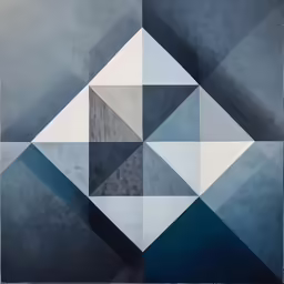 a painting with an unusual geometric design in grey, blue and black