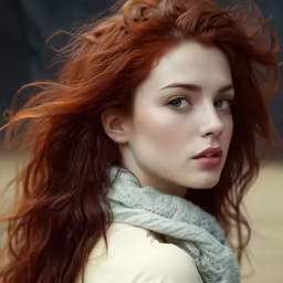 a woman with long red hair and blue eyes
