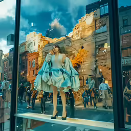 the woman is walking down the street wearing a blue dress