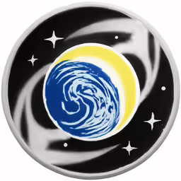 a blue and yellow circle with stars inside
