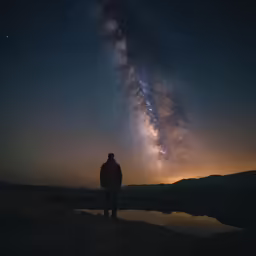 a person standing on a hill and looking at the night sky
