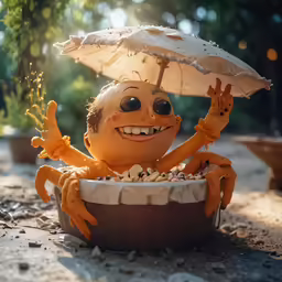 a small orange crab doll is in a bowl
