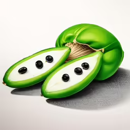an artistic illustration of pea pods with leaves and blackberries