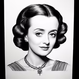 black and white drawing of a woman wearing a necklace