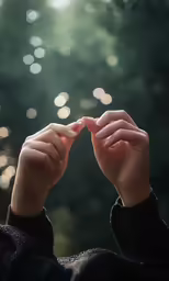 the hands are holding something in front of a blurry forest