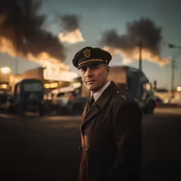 a man wearing a uniform in front of smoke stacks