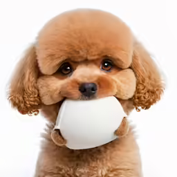 a poodle dog holds an item in its mouth