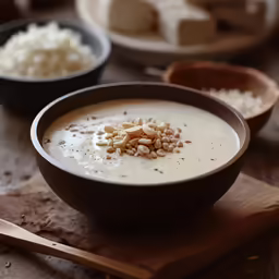 a bowl of cereal with another bowl of bread in the background