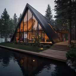 a small wooden structure sitting on top of a lake next to a forest