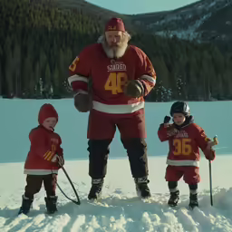 an older man standing in the snow with two small children